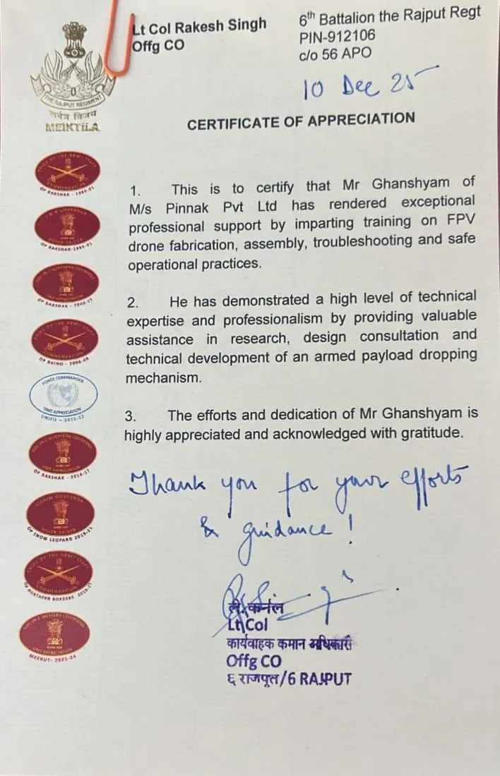 Certificate of appreciation from the Indian Army