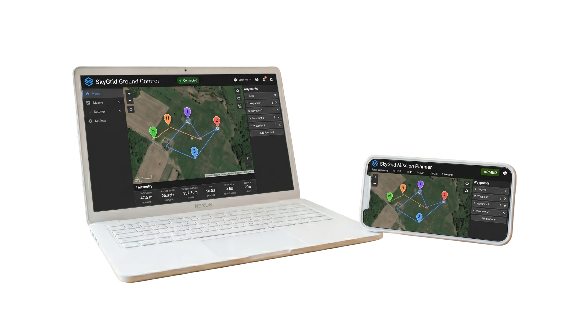 SkyGrid Ground Control software running on a laptop and mobile device